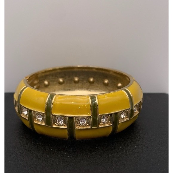 The Unbranded Brand Jewelry - Chunky Gold Tone & Yellow & Green Enamel Hinged Bangle Bracelet With Rhinestones